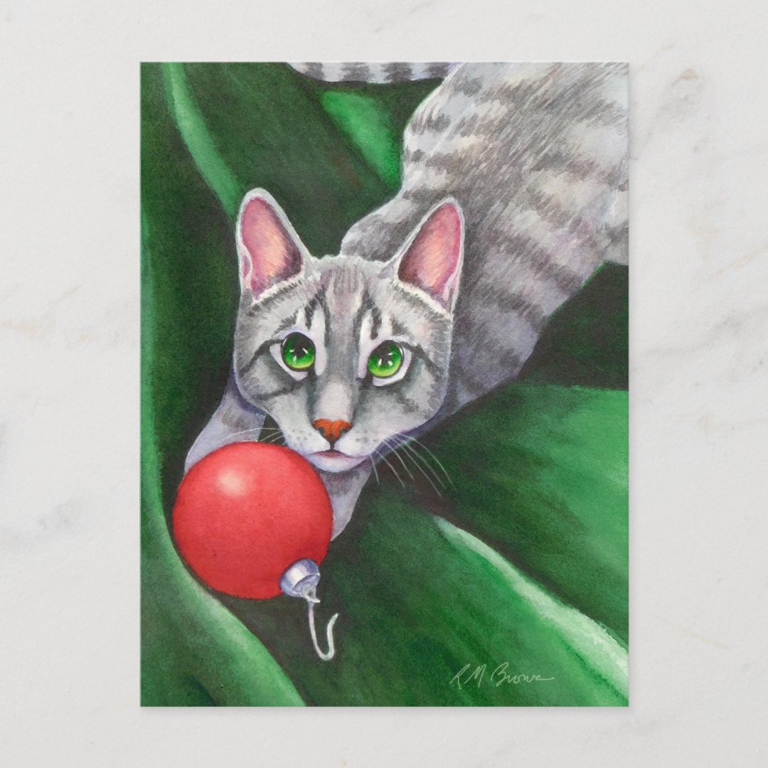 Grey Cat Christmas Ornament Holiday Postcard | Zazzle