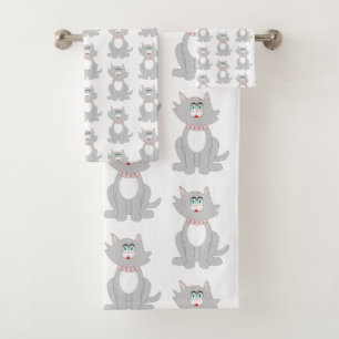 Grey Cat Design Bath Towel Set
