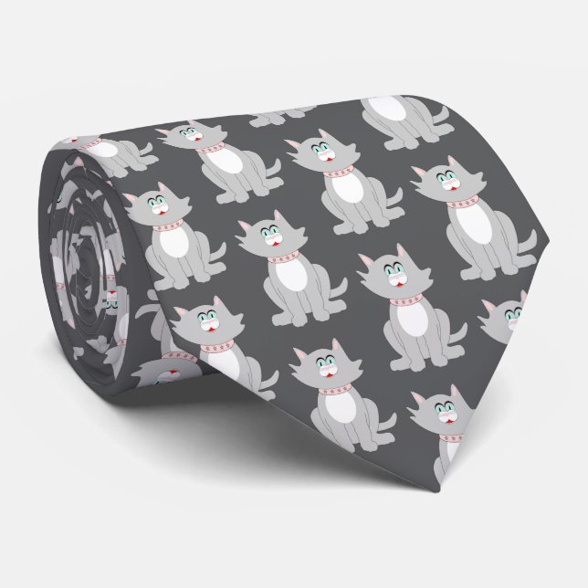 Grey Cat Design Neck Tie (Rolled)