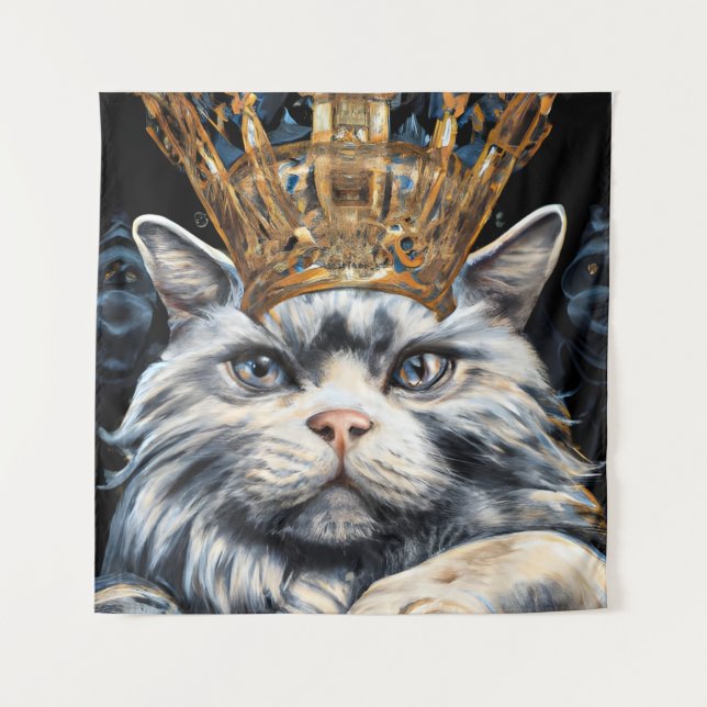 Grey Cat in a Crown Tapestry (Front)