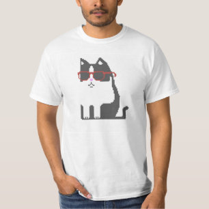 Grey Cat In Red Glasses Pixel Art T-Shirt