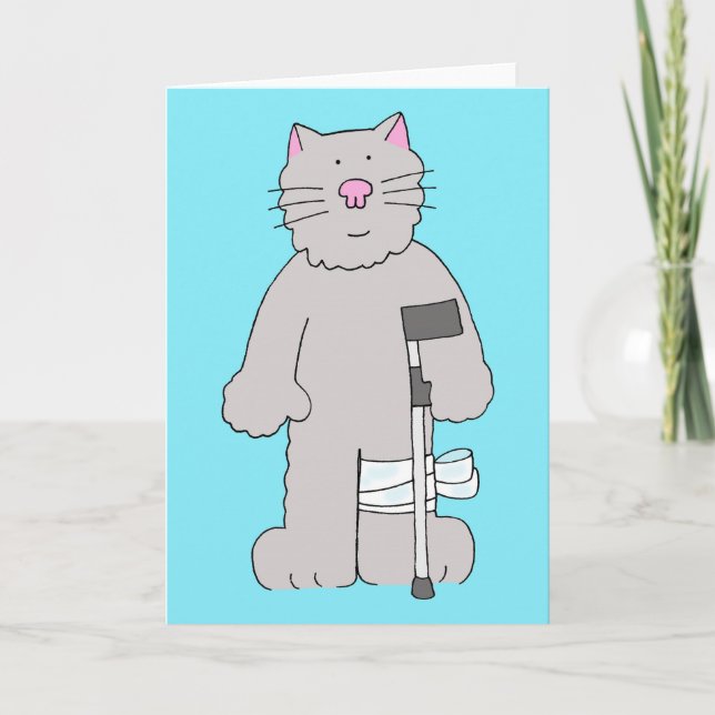 Grey Cat on Crutch Knee Surgery Recovery Card (Front)