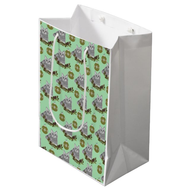 Grey Cat Pattern with Green Ornaments  Medium Gift Bag (Front Angled)