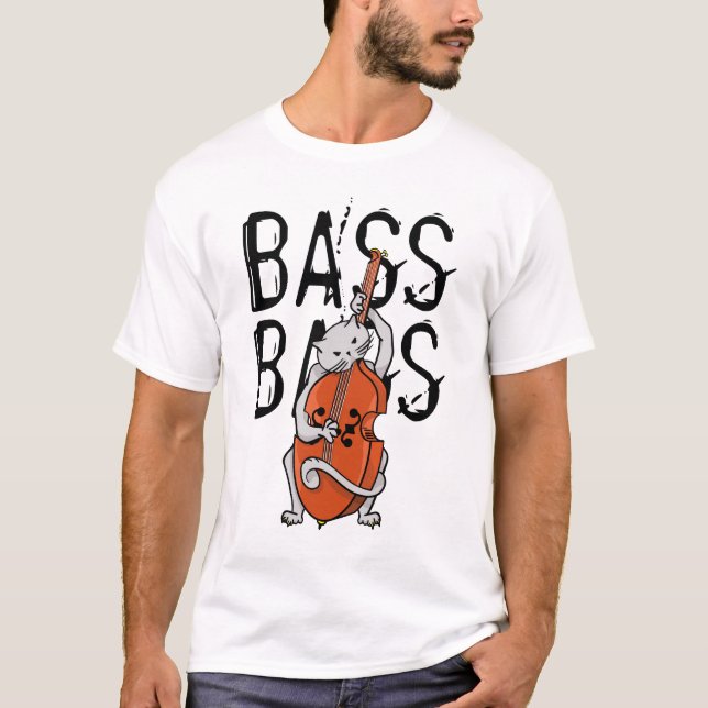 Grey Cat Playing a Double Bass or Upright Bass T-Shirt (Front)