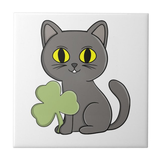 Grey Cat Shamrock Clover Charm Ceramic Tile (Front)