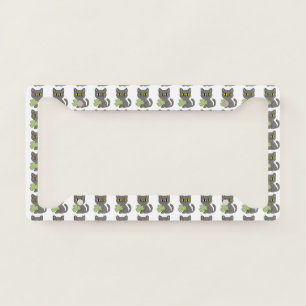 Grey Cat Shamrock Clover Charm License Plate Frame