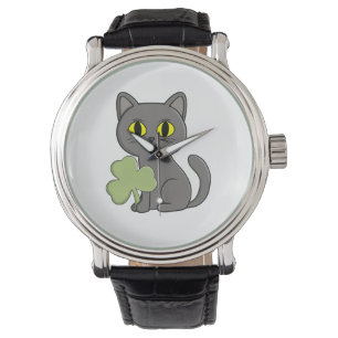 Grey Cat Shamrock Clover Charm Watch