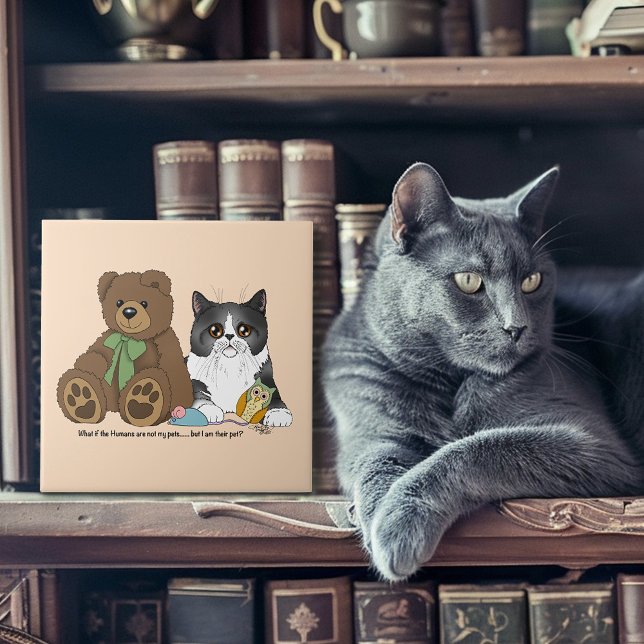 Grey Cat Teddy Bear Peach Funny Ceramic Tile (Creator Uploaded)