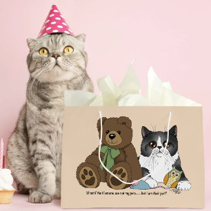 Grey Cat Teddy Bear Peach Funny Large Gift Bag