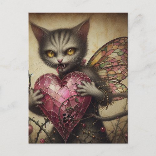 Grey Cat Vampire Fairy Pink Heart Brambles Postcard