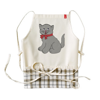 Grey cat wit a red bow cartoon zazzle HEART apron