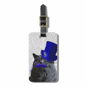 Grey Cat With Blue Top Hat and Blue Moustache Luggage Tag