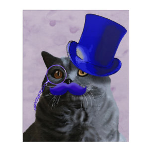 Grey Cat With Blue Top Hat and Moustache Acrylic Print