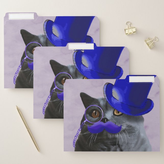 Grey Cat With Blue Top Hat and Moustache File Folder (Set)