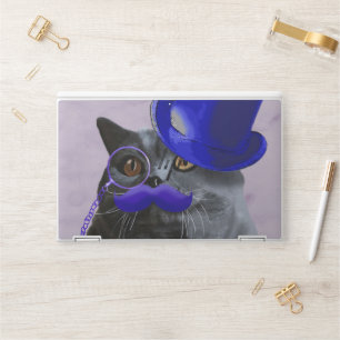 Grey Cat With Blue Top Hat and Moustache HP Laptop Skin