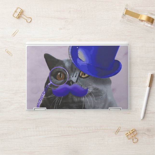 Grey Cat With Blue Top Hat and Moustache HP Laptop Skin (Desk)