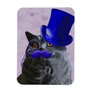 Grey Cat With Blue Top Hat and Moustache Magnet