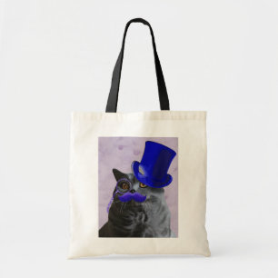 Grey Cat With Blue Top Hat and Moustache Tote Bag