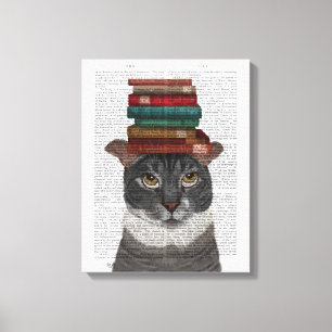 Grey Cat with Books on Head Canvas Print