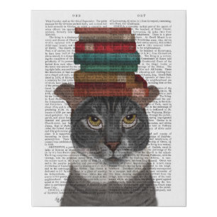 Grey Cat with Books on Head Faux Canvas Print