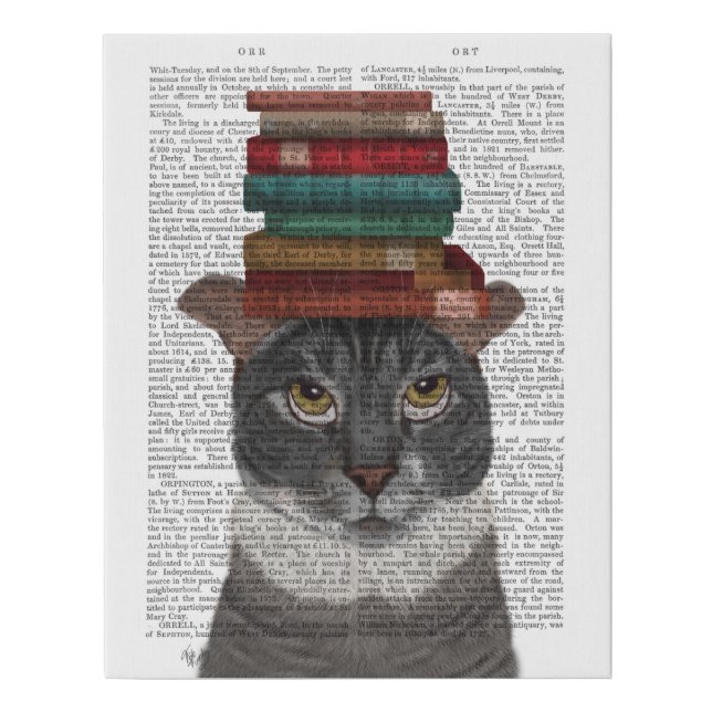 Grey Cat with Books on Head Faux Canvas Print (Front)