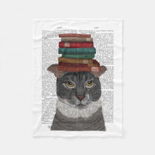 Grey Cat with Books on Head Fleece Blanket