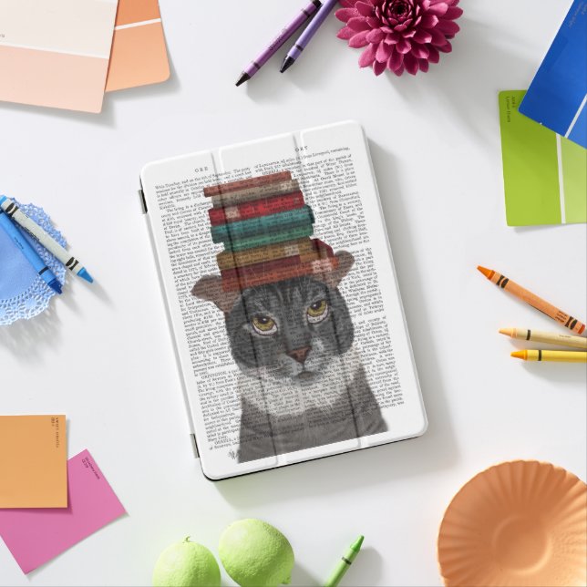Grey Cat with Books on Head iPad Pro Cover (Desk)