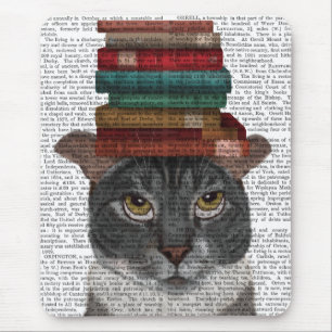 Grey Cat with Books on Head Mouse Pad