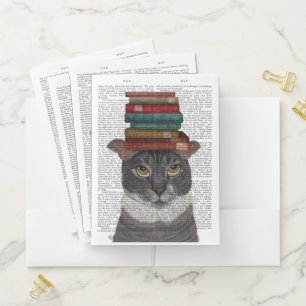 Grey Cat with Books on Head Pocket Folder