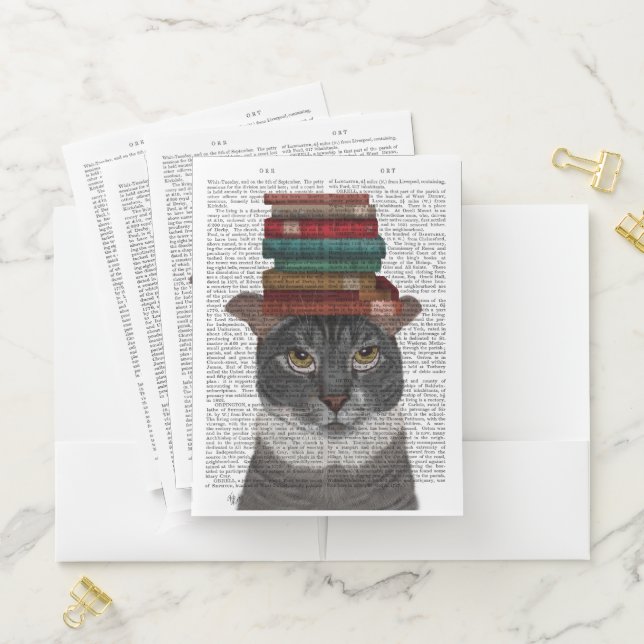 Grey Cat with Books on Head Pocket Folder (In Situ)