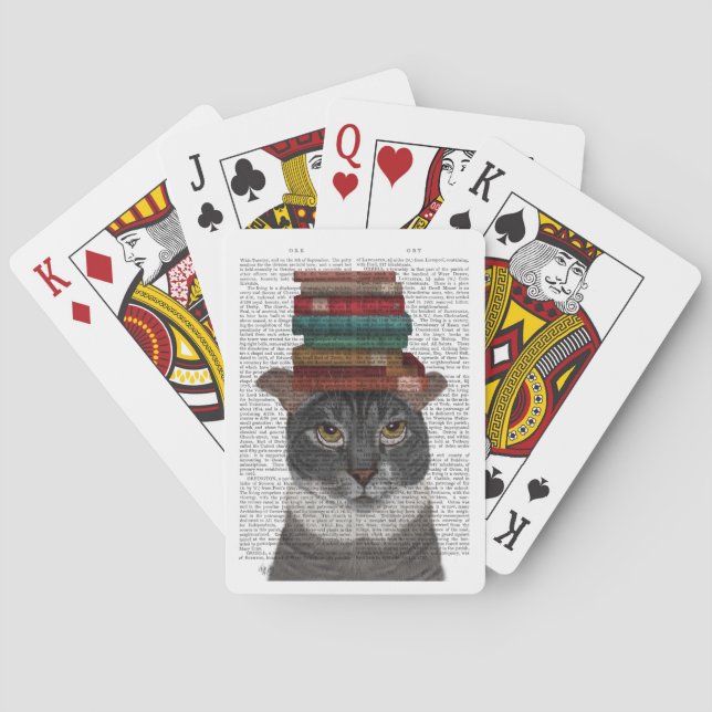 Grey Cat with Books on Head Poker Cards (Back)