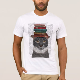 Grey Cat with Books on Head T-Shirt