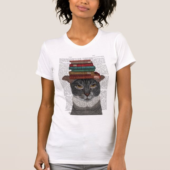 Grey Cat with Books on Head T-Shirt (Front)