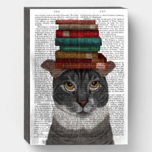 Grey Cat with Books on Head Wooden Box Sign