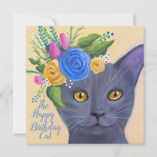 Grey Cat with Flowers Whimsical Art