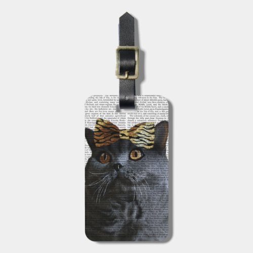 Grey Cat with Leopard Bow Luggage Tag