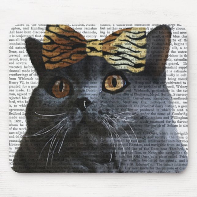 Grey Cat with Leopard Bow Mouse Pad (Front)