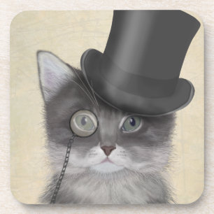 Grey Cat with Top Hat Beverage Coaster