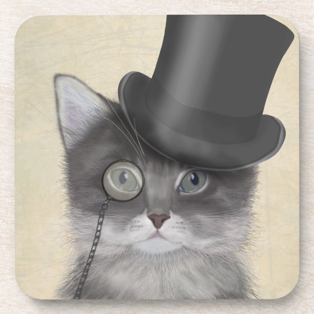 Grey Cat with Top Hat Beverage Coaster (Front)