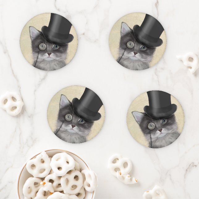 Grey Cat with Top Hat Coaster Set (In Situ)
