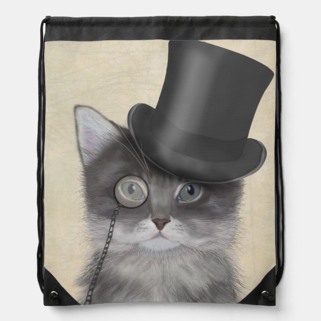 Grey Cat with Top Hat Drawstring Bag (Front)