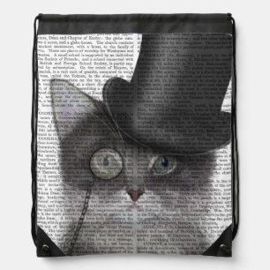 Grey Cat with Top Hat Drawstring Bag