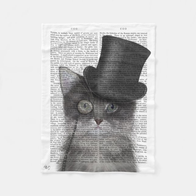 Grey Cat with Top Hat Fleece Blanket (Front)