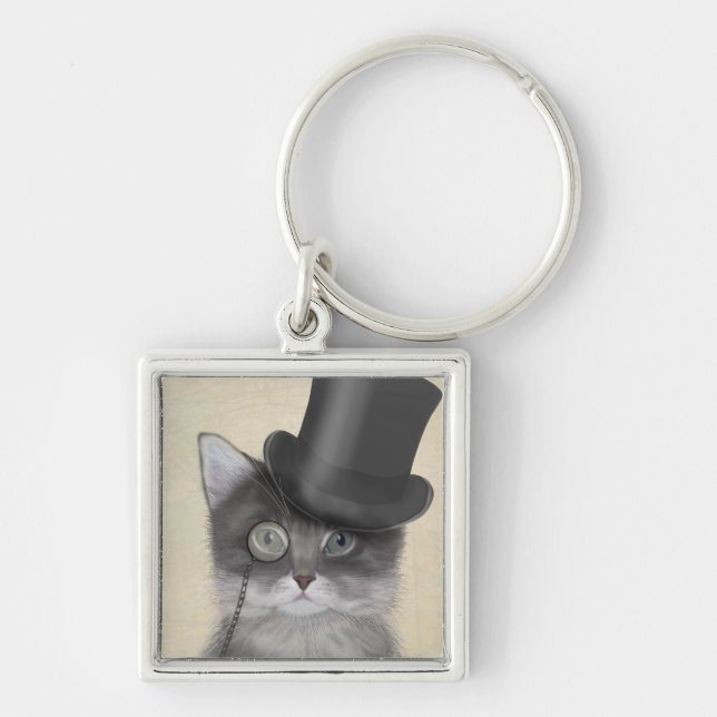 Grey Cat with Top Hat Keychain (Front)