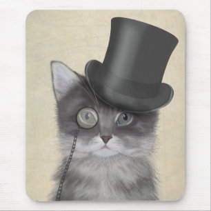 Grey Cat with Top Hat Mouse Pad