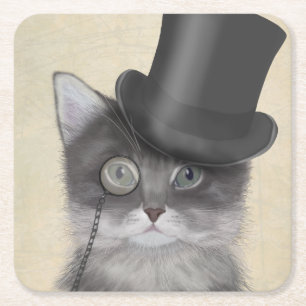 Grey Cat with Top Hat Square Paper Coaster