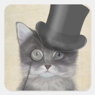 Grey Cat with Top Hat Square Sticker