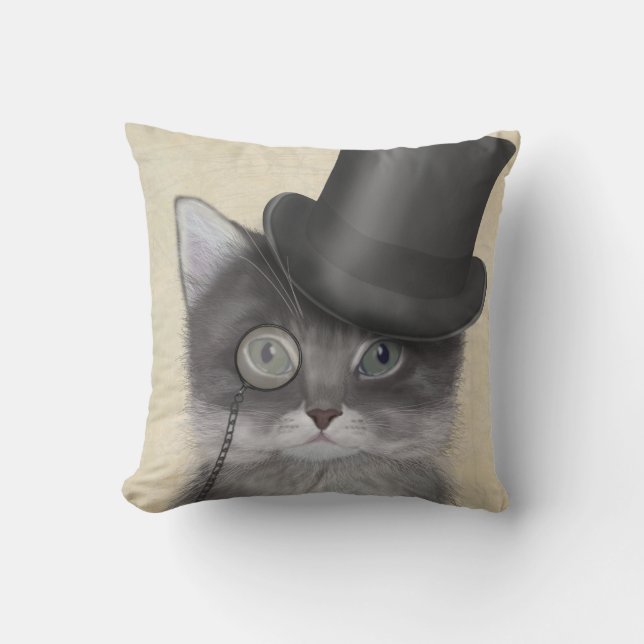 Grey Cat with Top Hat Throw Pillow (Front)