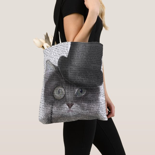Grey Cat with Top Hat Tote Bag (Close Up)
