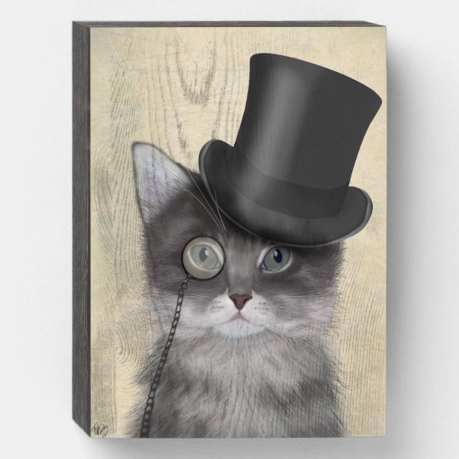 Grey Cat with Top Hat Wooden Box Sign (Front Vertical)